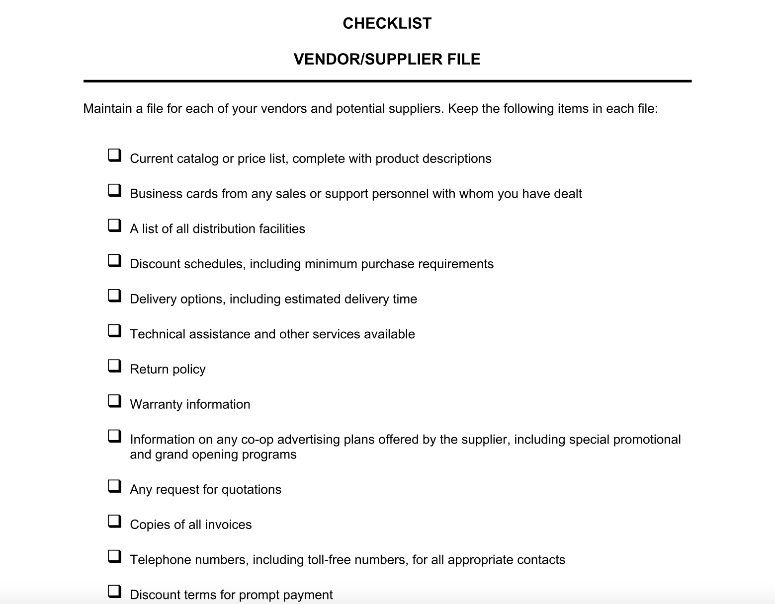 Checklist Vendor And Supplier File